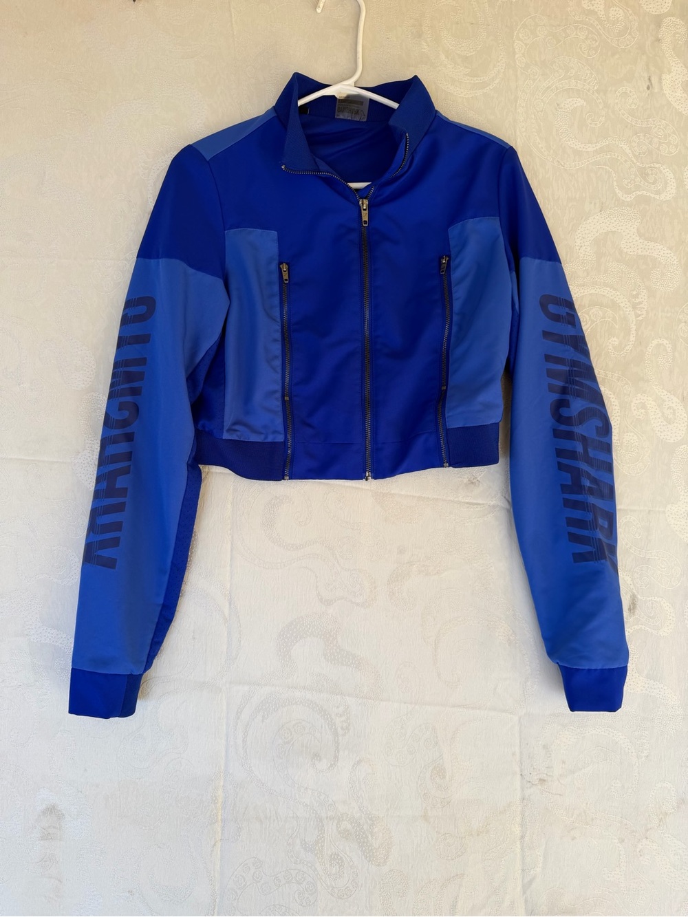 Gymshark Two-Tone Blue Cropped Bomber Jacket with Sleeve Logo